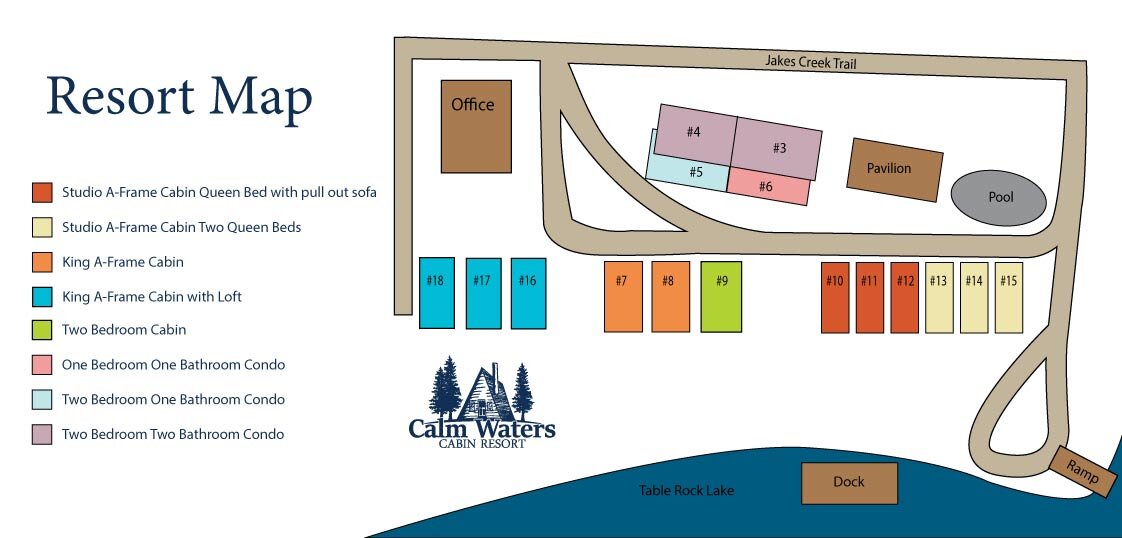 Map featuring different types of cabins/condos